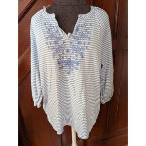 St. Johns Bay Womens Blue & White Striped Embroidered Cotton Top XL NWT